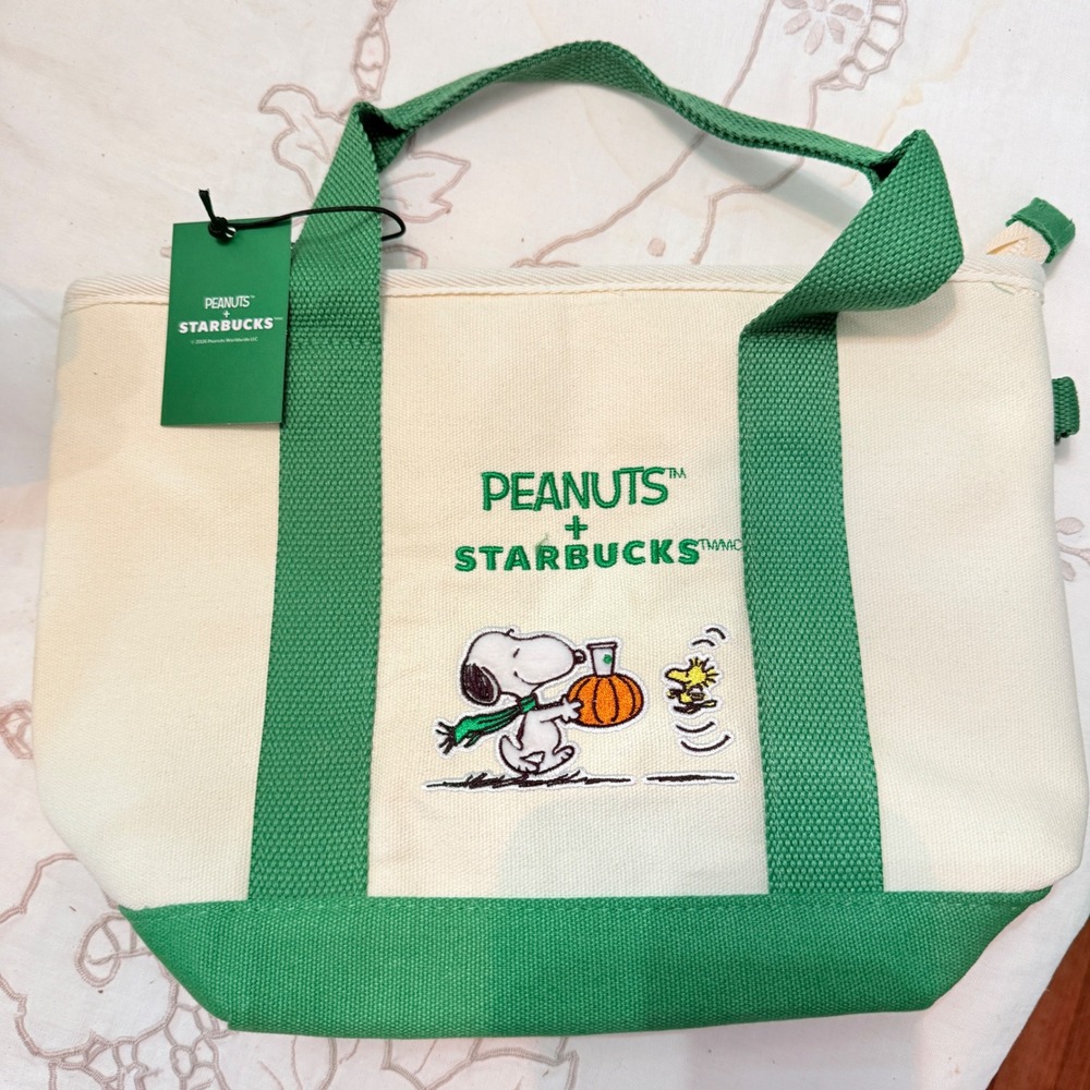 Starbucks Peanuts Snoopy Canvas Tote Bag Green White Pumpkin Woodstock NEW 2026